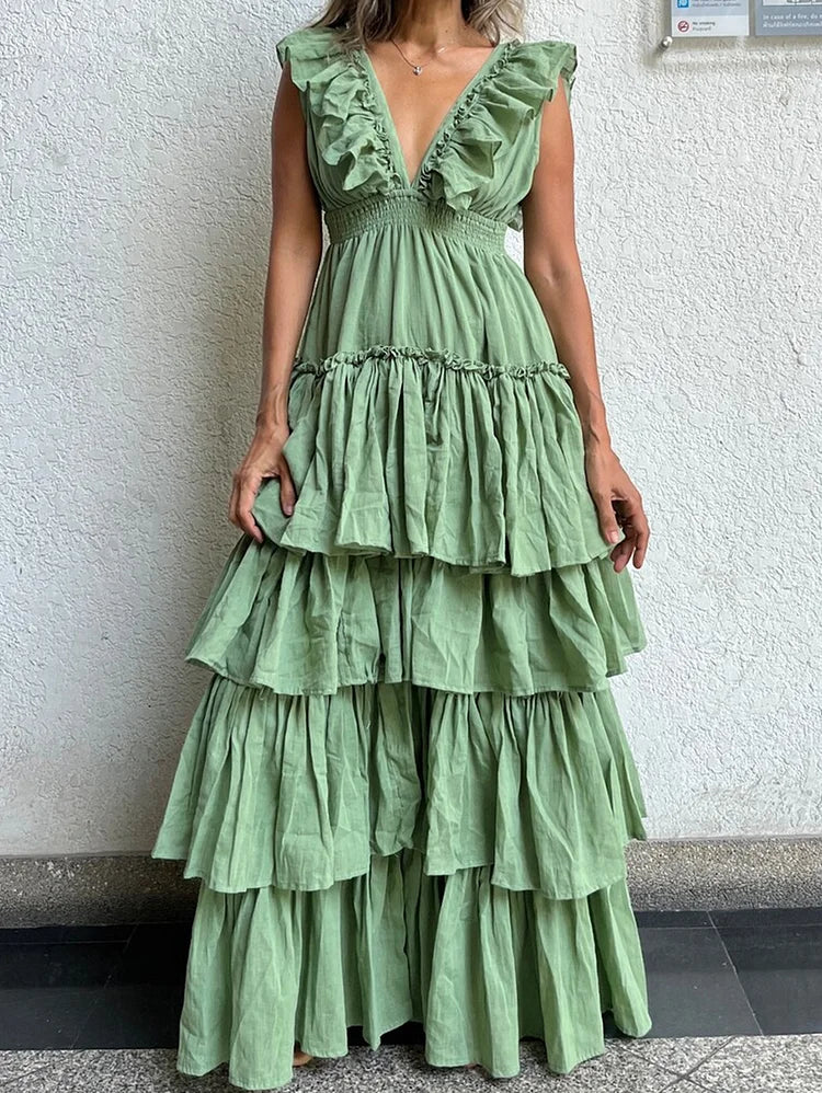 Boho Festival Green Ruffle Layered Dress