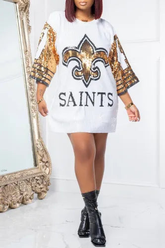 Sexy White Black & Gold Saints Sequin Football Jersey Mini Dress