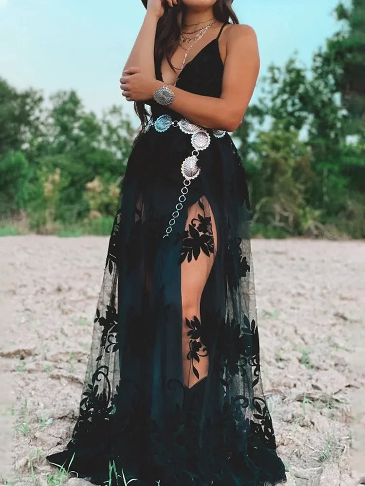 Sexy Black Bohemian Lace Maxi Dress