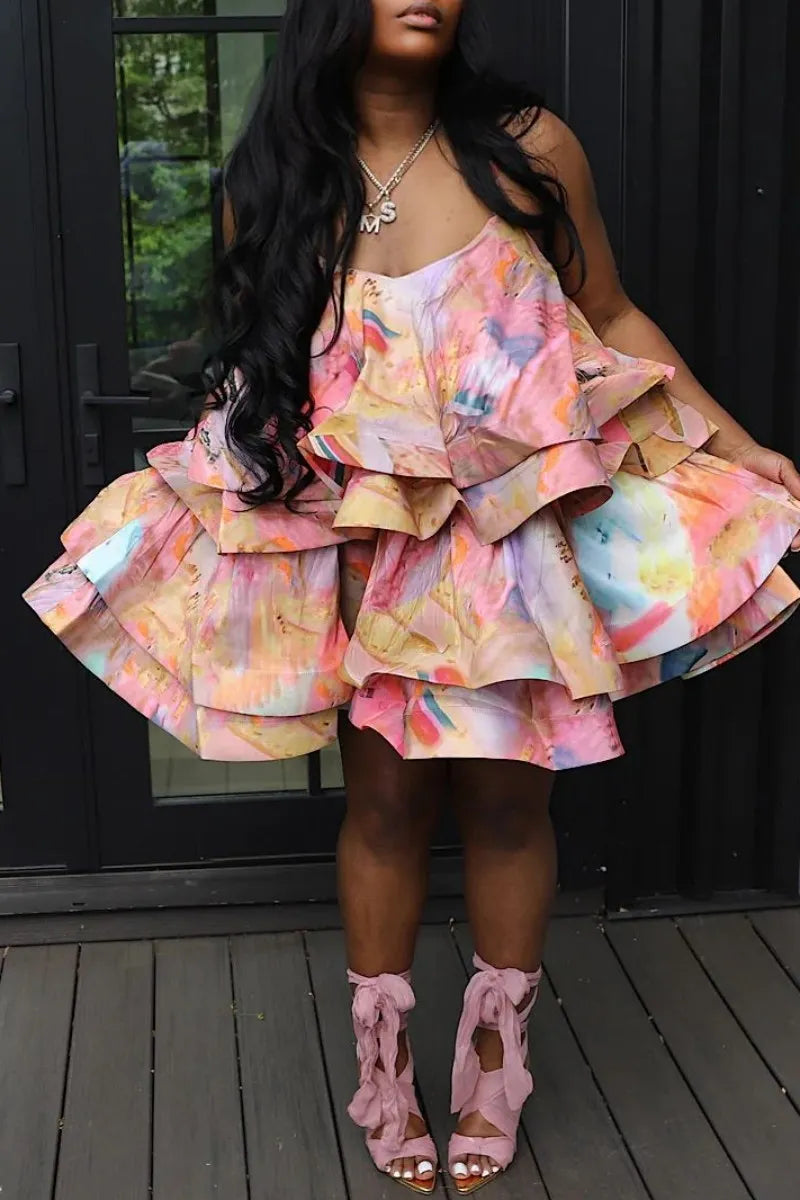 Sexy Pastel Pink Multicolor Abstract Watercolor Print Layered Mini Dress