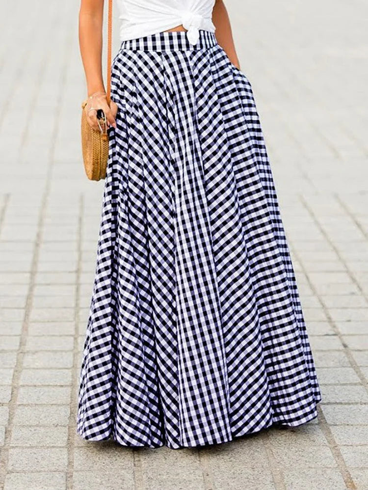 Romantic Blue and White Flowy Gingham Check Maxi Skirt