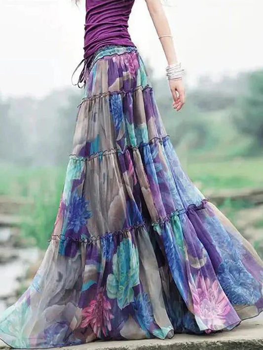 Romantic Flowy Purple Multicolo4 Ruffle Tier Maxi Skirt