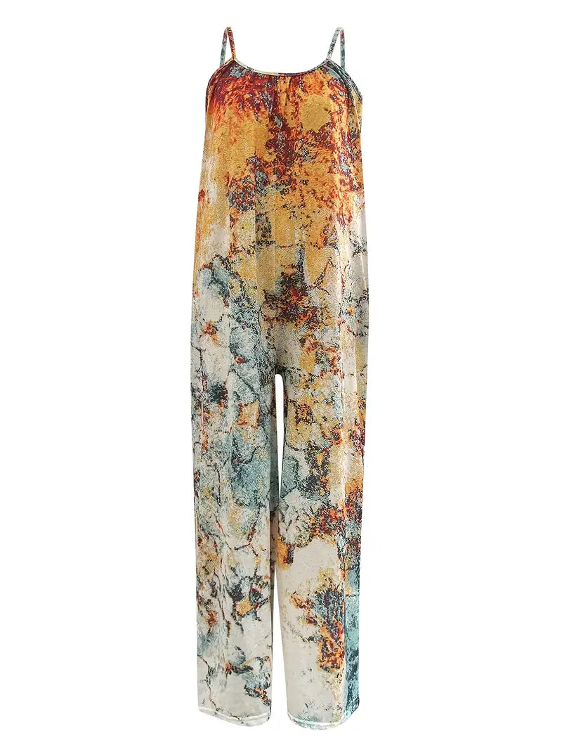 Boho Multicolor Abstract Splatter Print Onesie Jumpsuit