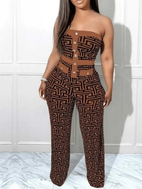 Sexy Strapless Brown & Black Italian Print Jumpsuit