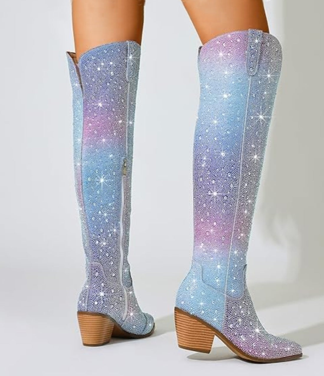 Beautiful Rainbow Unicorn Rhinestone Crystal Diamante Over The Knee Thigh Boots