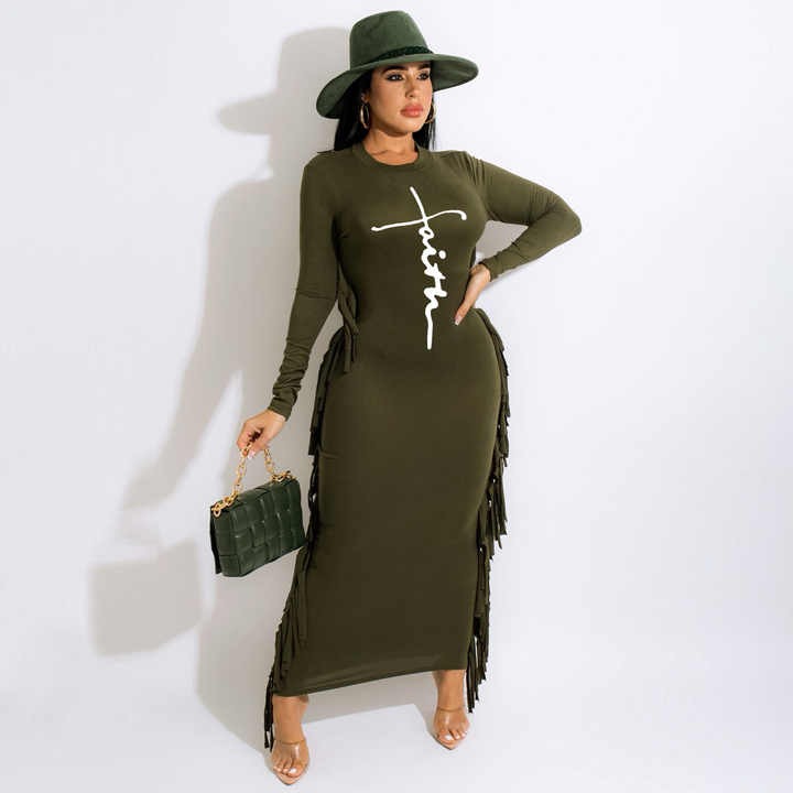 Beautiful Black FAITH Logo Long Sleeve Fringe Maxi Dress