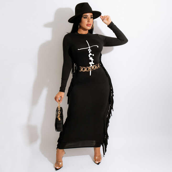 Beautiful Black FAITH Logo Long Sleeve Fringe Maxi Dress