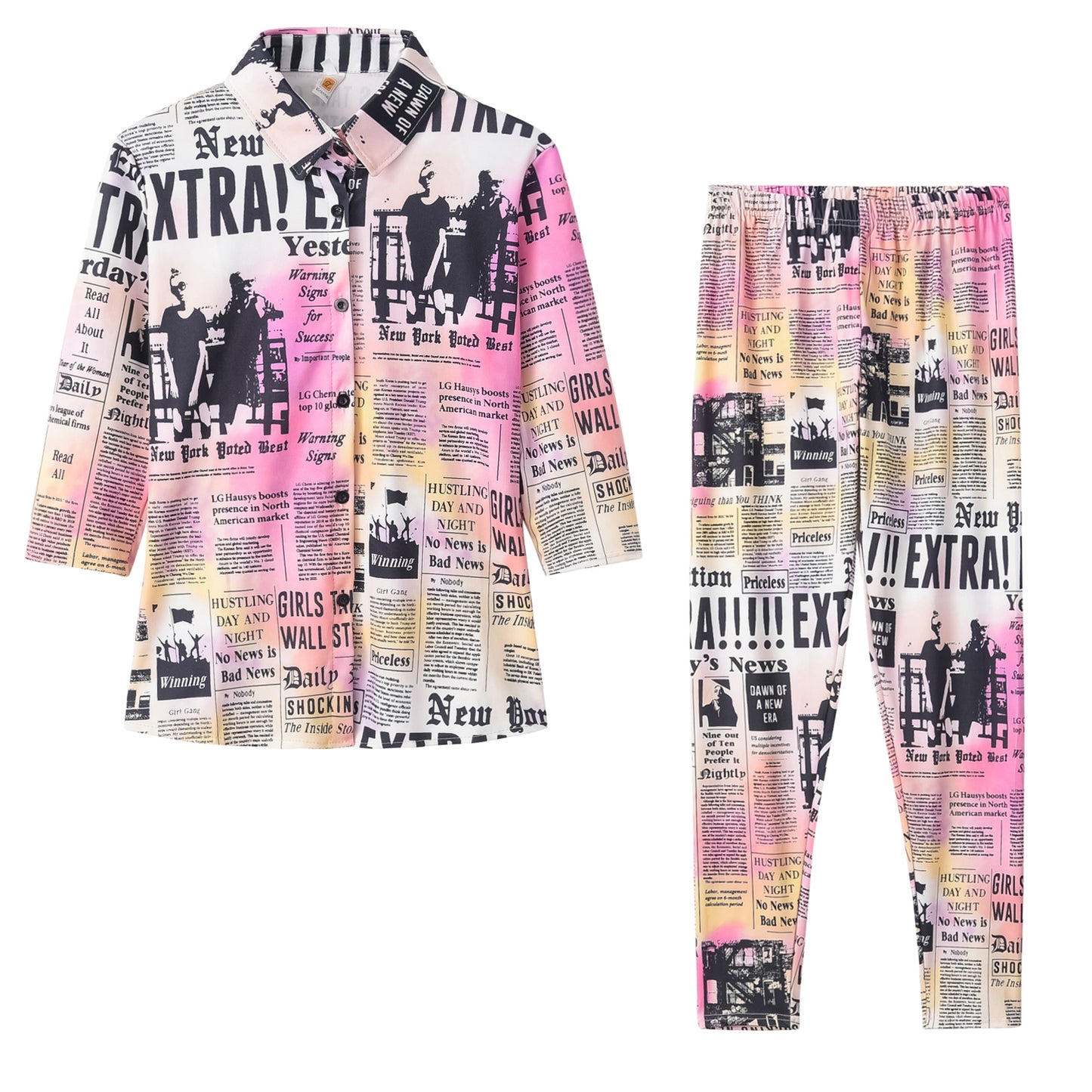 Sexy Pink & Yellow Multicolor Newspaper Print Top & Pants Set