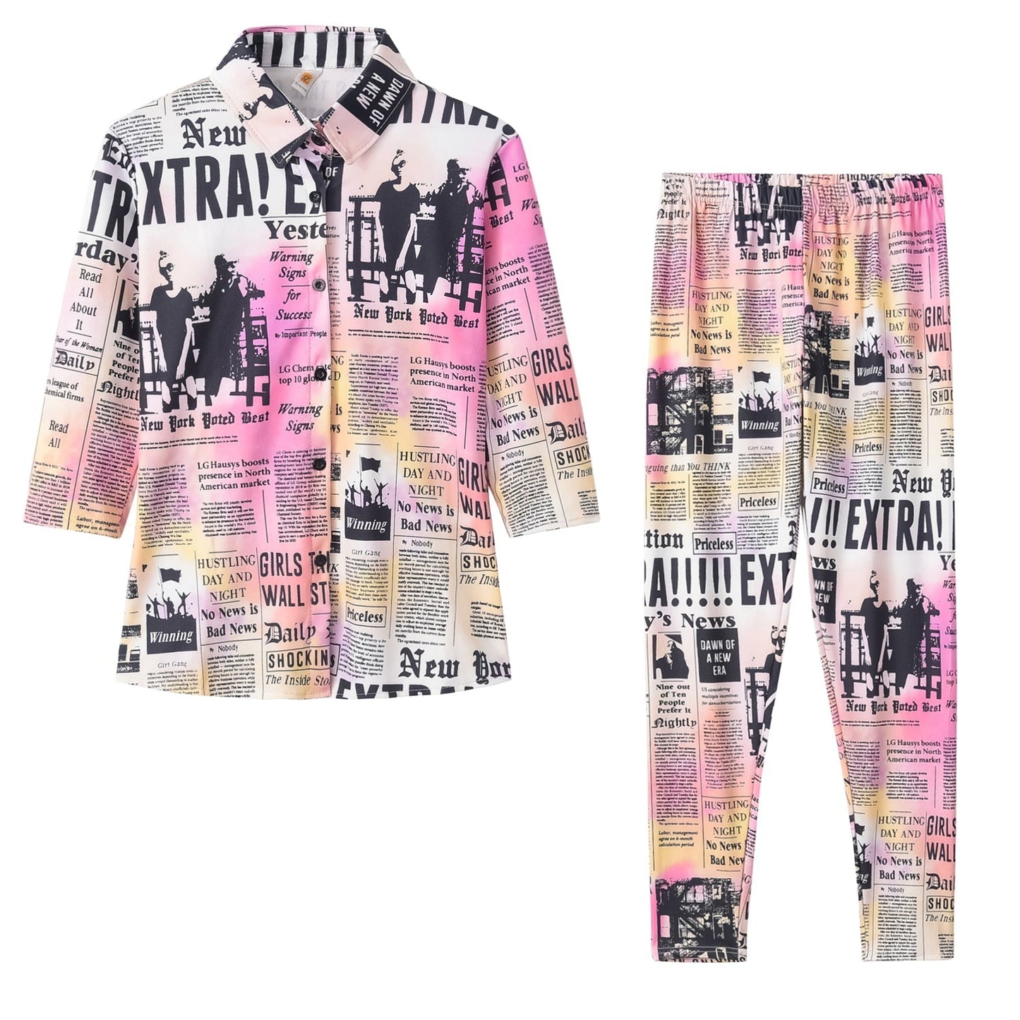 Sexy Black & White Multicolor Newspaper Print Top & Pants Set