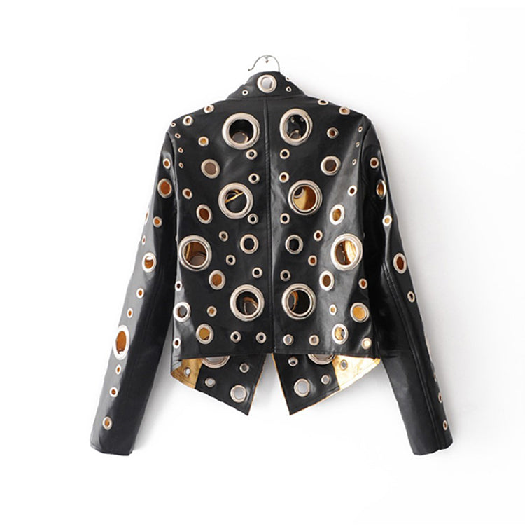 Edgy Metallic Gold Rocker Riveted Biker Jacket