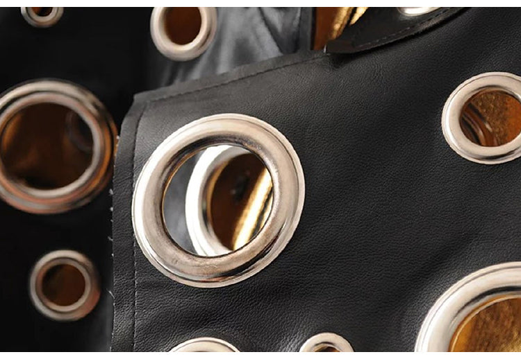 Edgy Metallic Black & Gold Rocker Riveted Biker Jacket