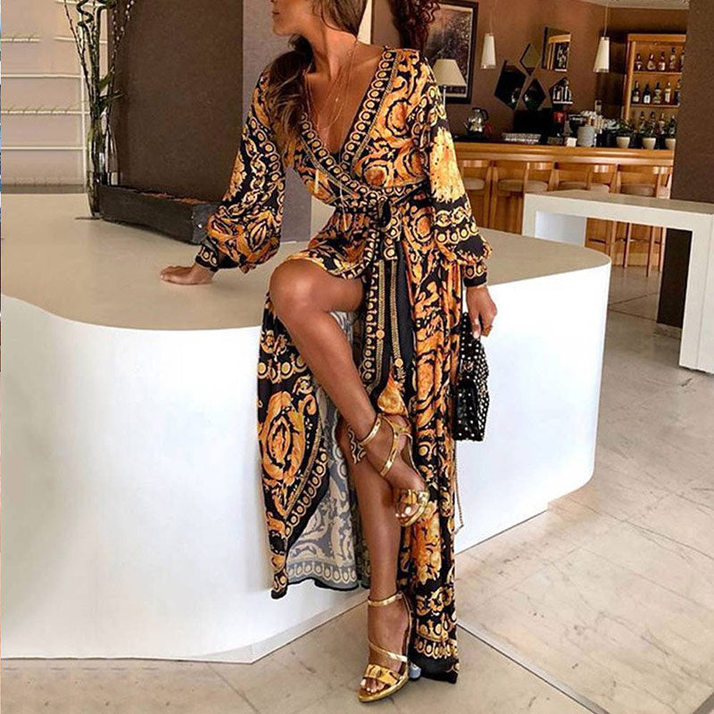 Gold & Black Italian Print Maxi Dress