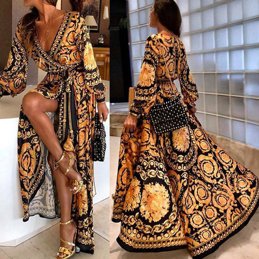 Gold & Black Italian Print Maxi Dress