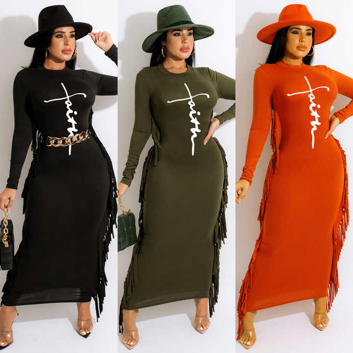 Beautiful Black FAITH Logo Long Sleeve Fringe Maxi Dress