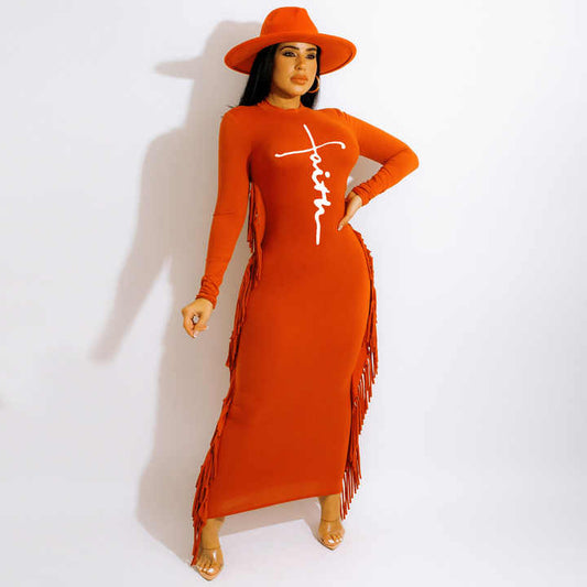 Beautiful Red FAITH Logo Long Sleeve Fringe Maxi Dress