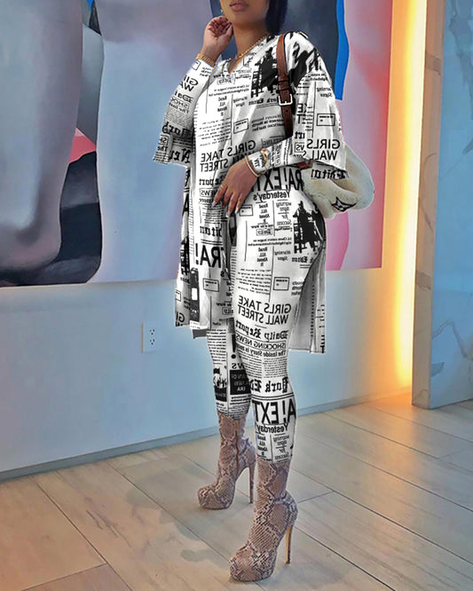 Black & White Newspaper Print Tunic Top & Leggings Set