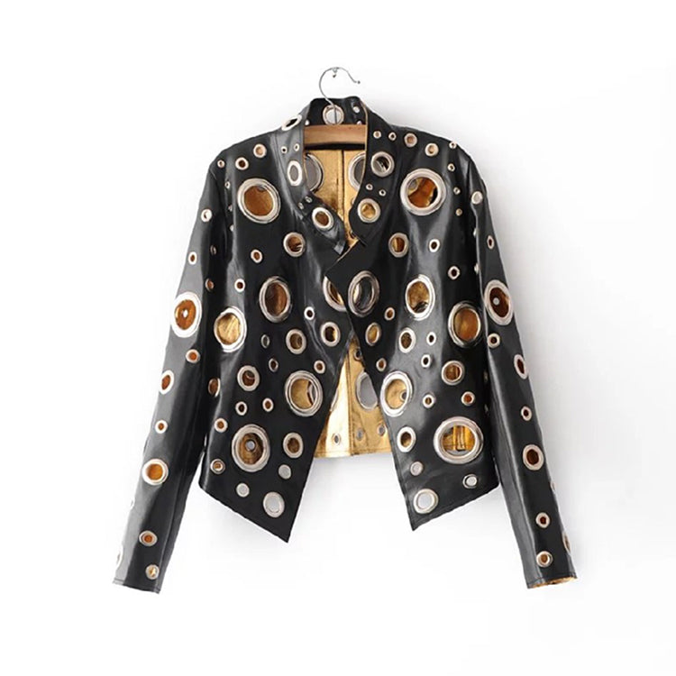 Edgy Metallic Black & Gold Rocker Riveted Biker Jacket