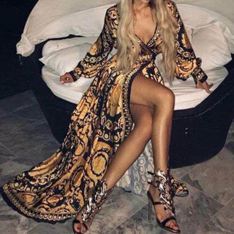 Gold & Black Italian Print Maxi Dress