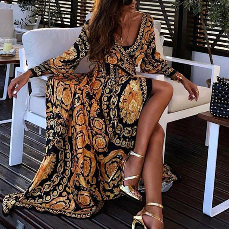 Gold & Black Italian Print Maxi Dress