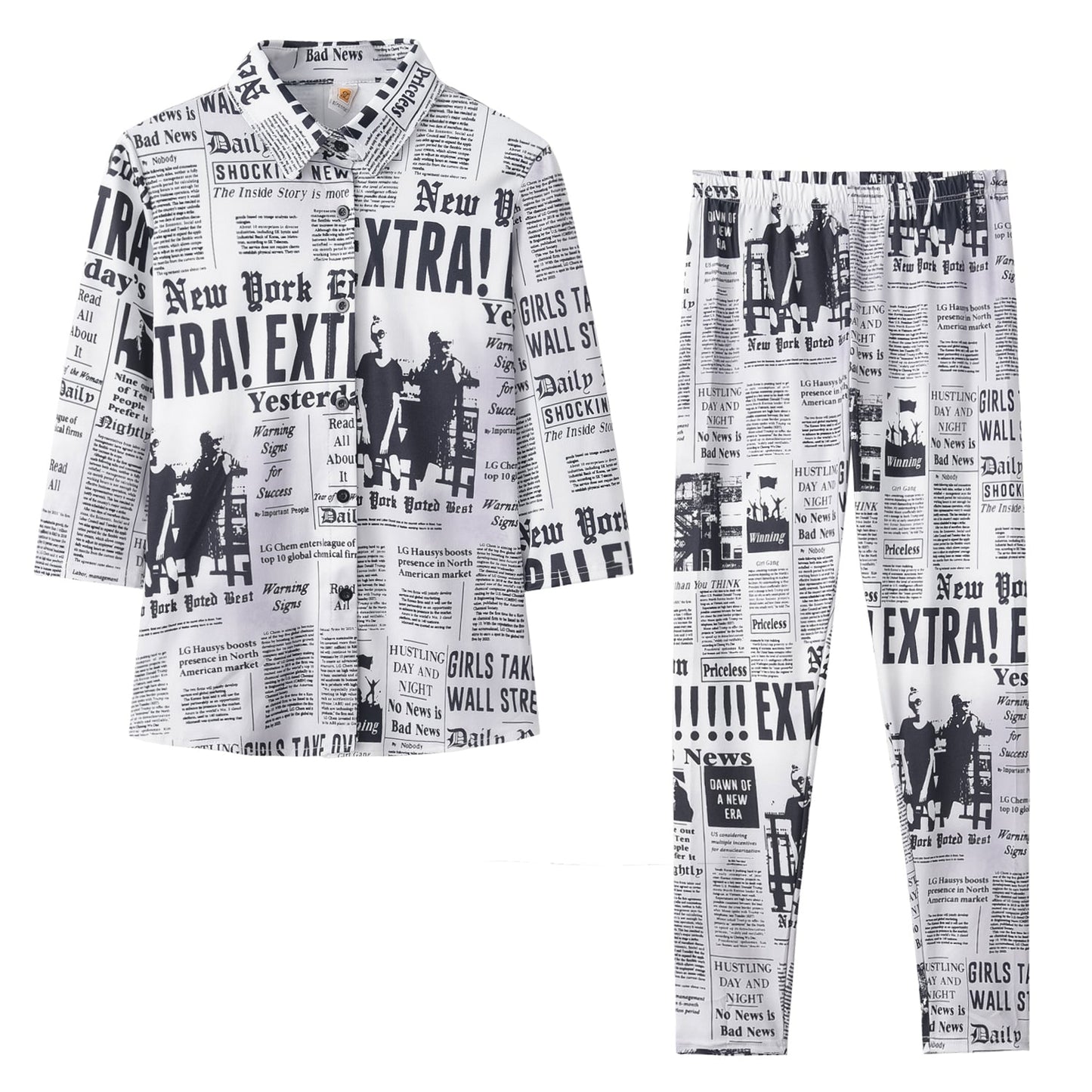 Sexy Black & White Multicolor Newspaper Print Top & Pants Set