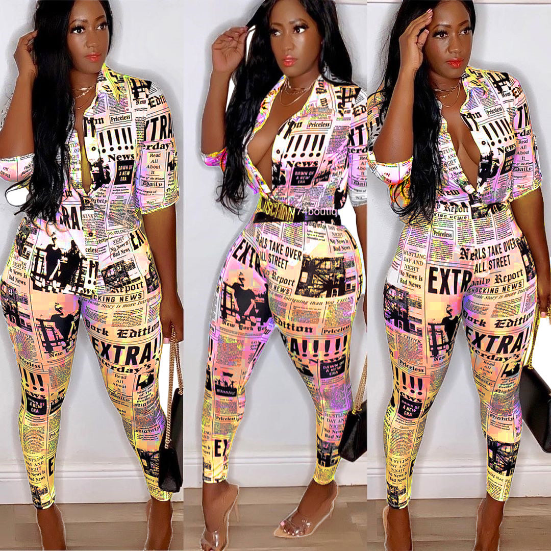 Sexy Pink & Yellow Multicolor Newspaper Print Top & Pants Set