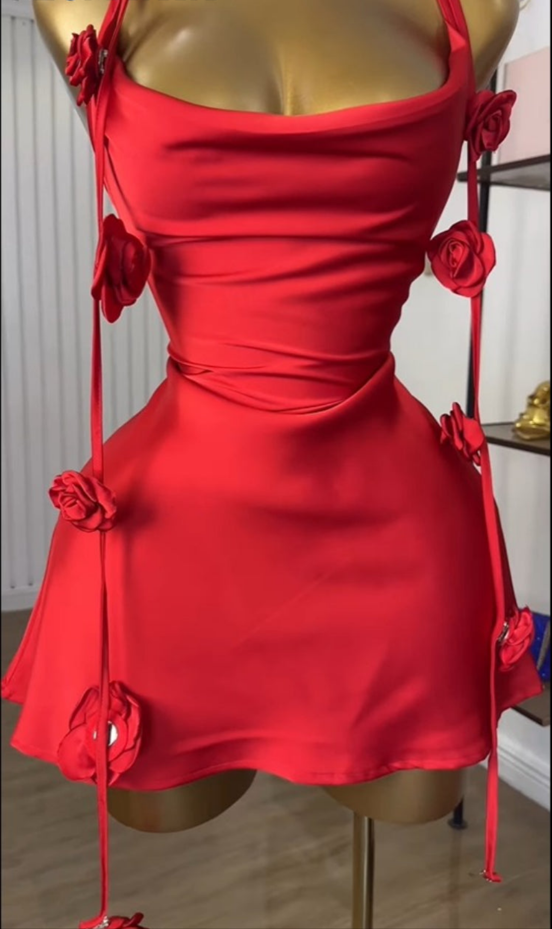 Red Rosette Strappy Draped Neckline Party Dress