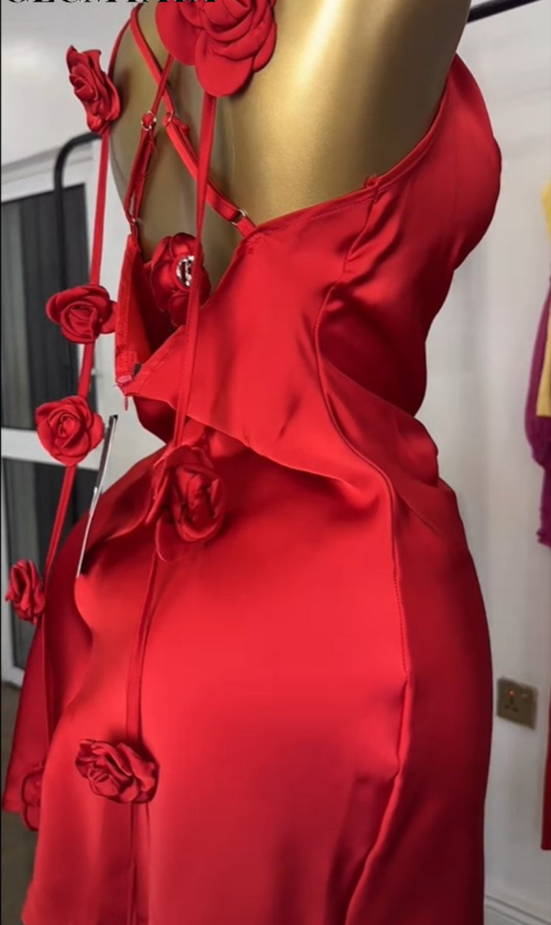 Red Rosette Strappy Draped Neckline Party Dress