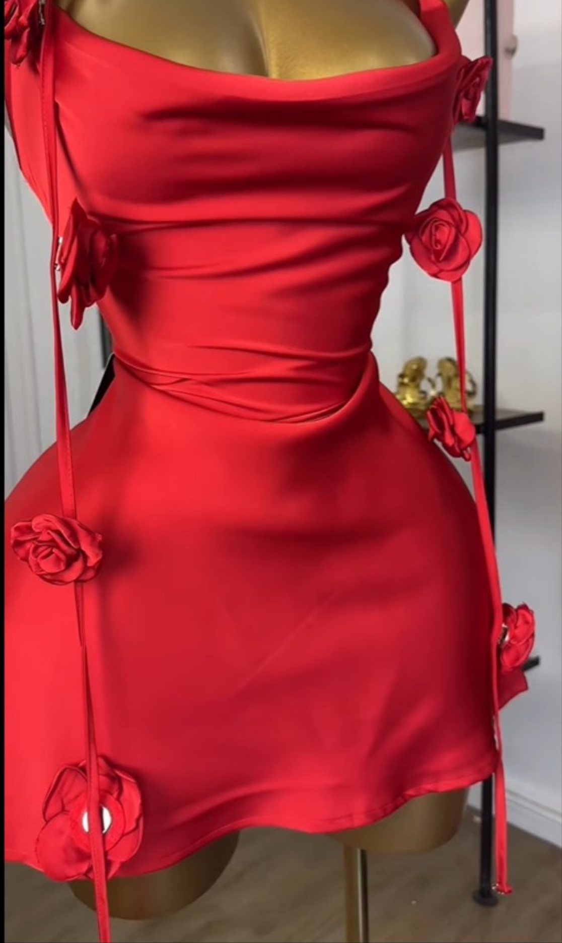 Red Rosette Strappy Draped Neckline Party Dress