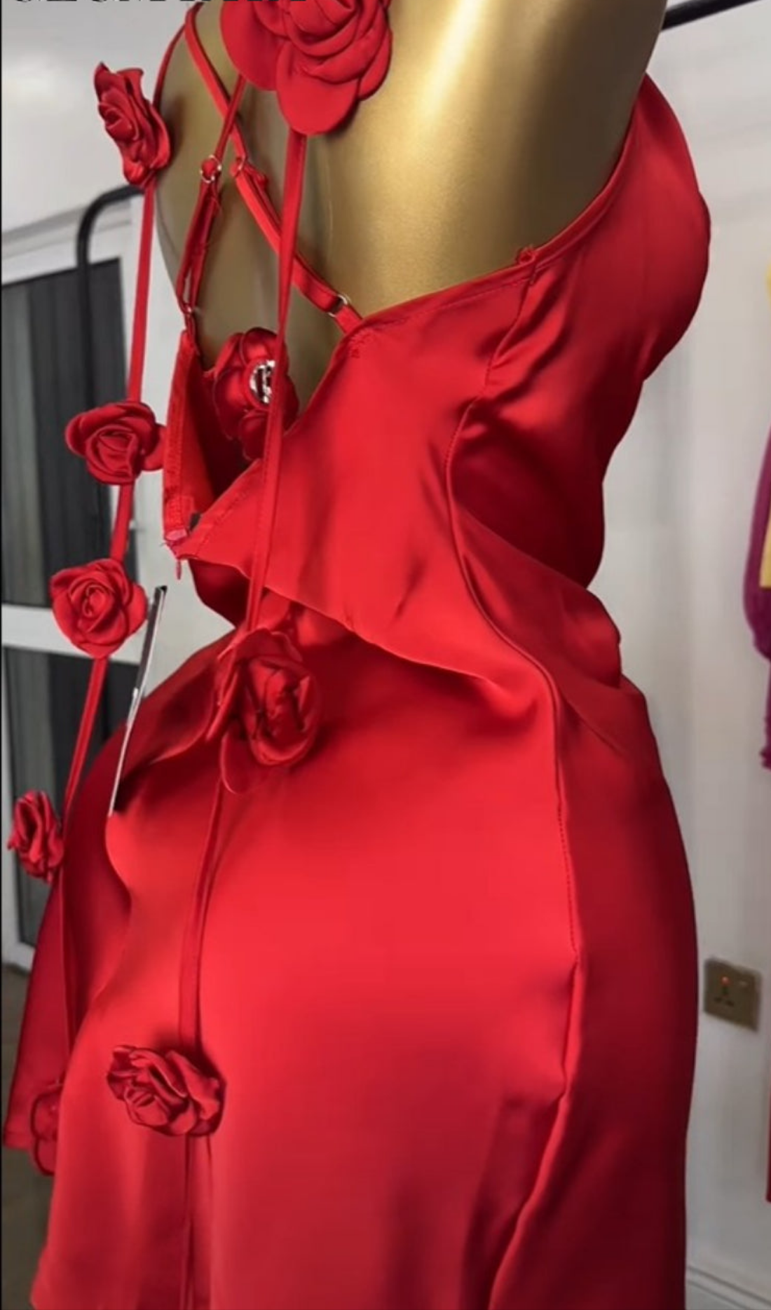 Red Rosette Strappy Draped Neckline Party Dress
