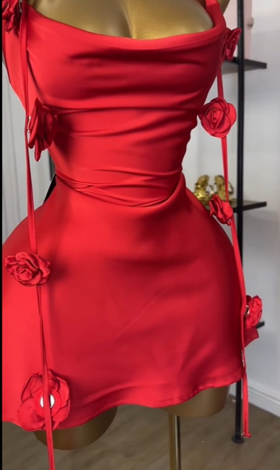 Red Rosette Strappy Draped Neckline Party Dress