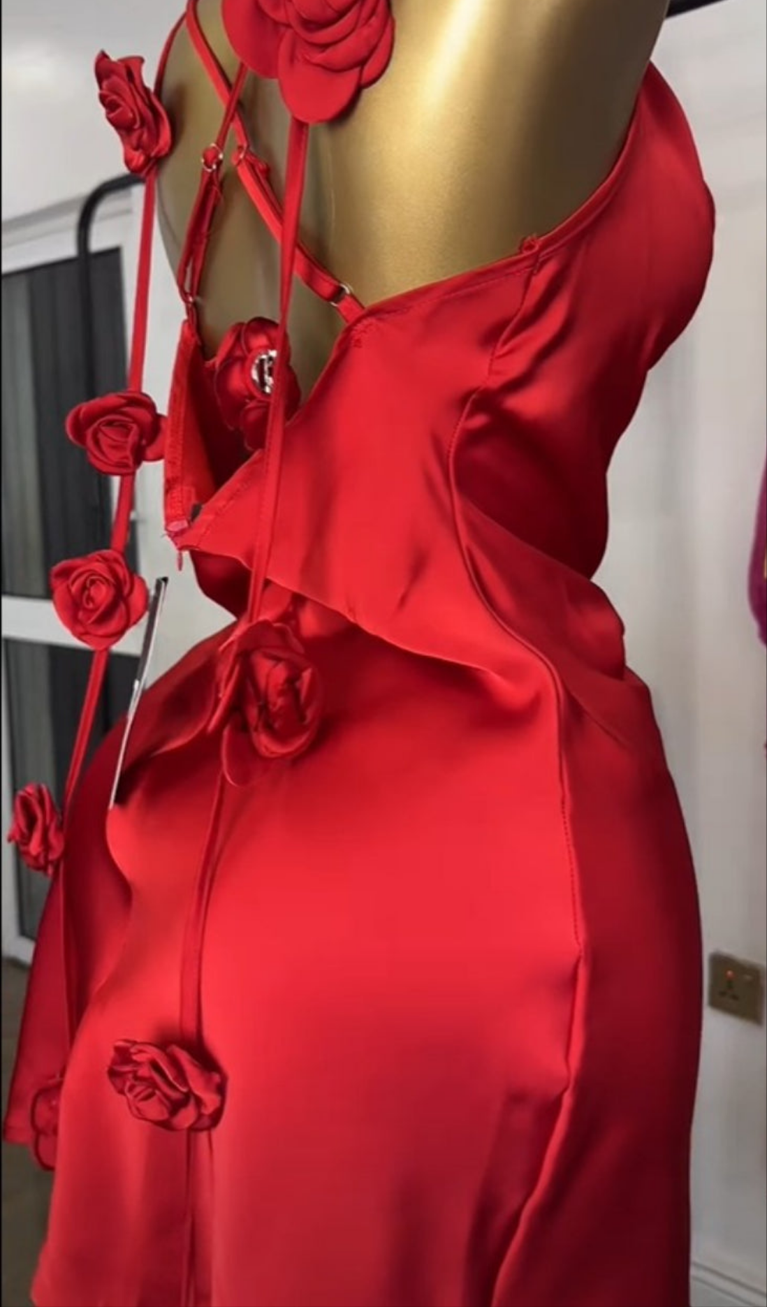 Red Rosette Strappy Draped Neckline Party Dress