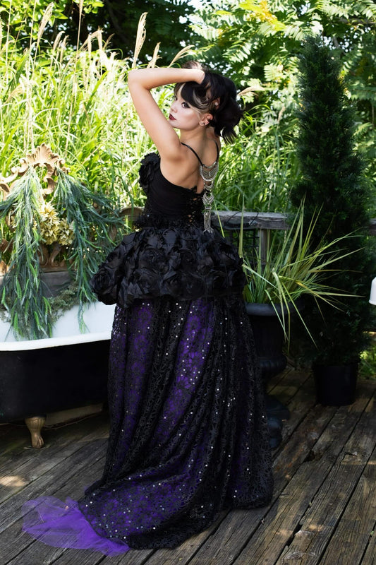 "LADY PAULSEN" Custom Order Gothic Romance Black & Purple Rosette Wedding Ballgown Set