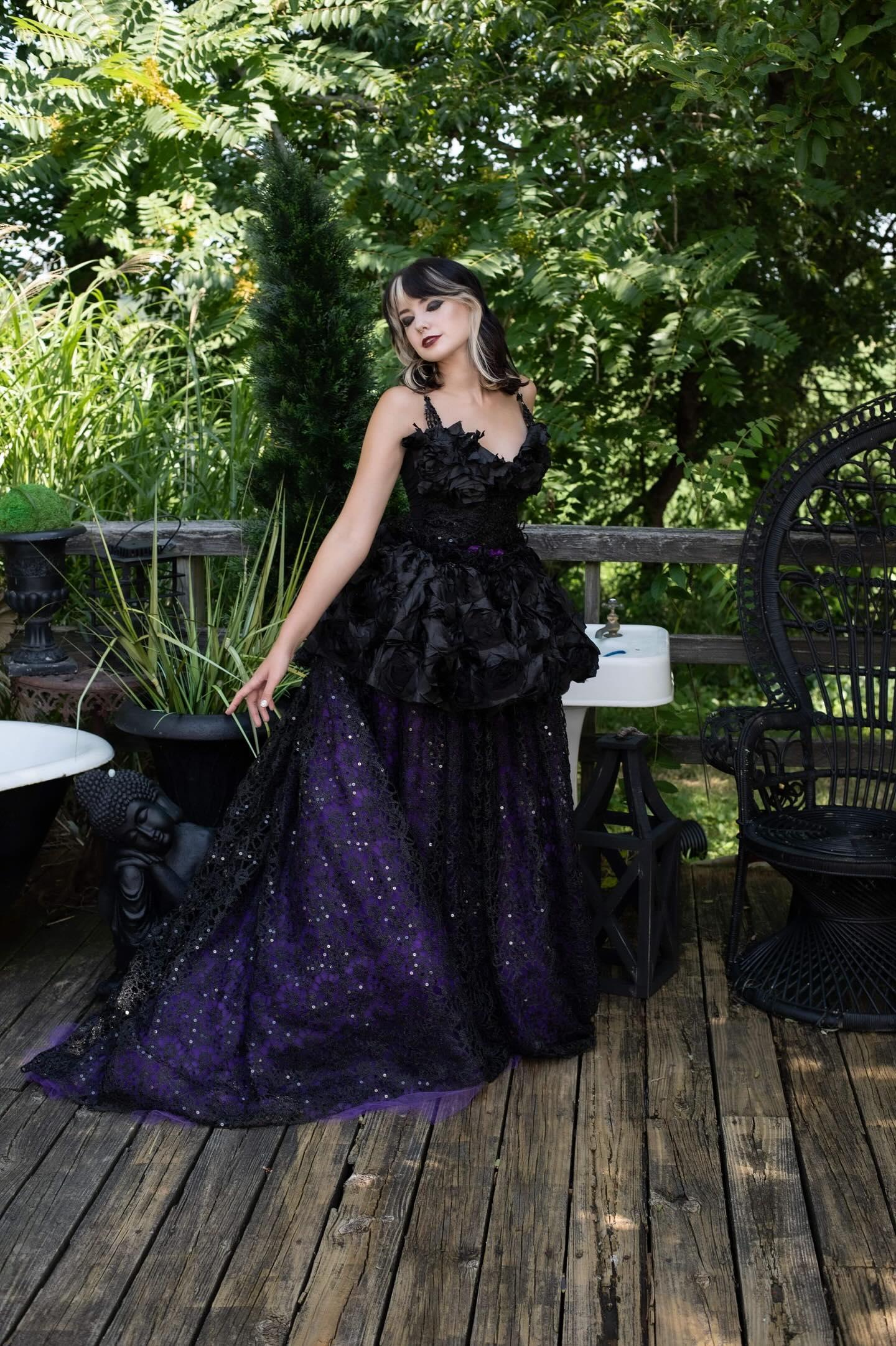 "LADY PAULSEN" Custom Order Gothic Romance Black & Purple Rosette Wedding Ballgown Set