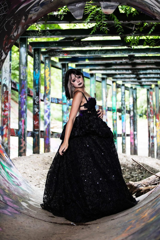 "DUCHESS PAULSEN" Custom Order Gothic Romance Black Lace, Tulle & Rosette Wedding Ballgown Set