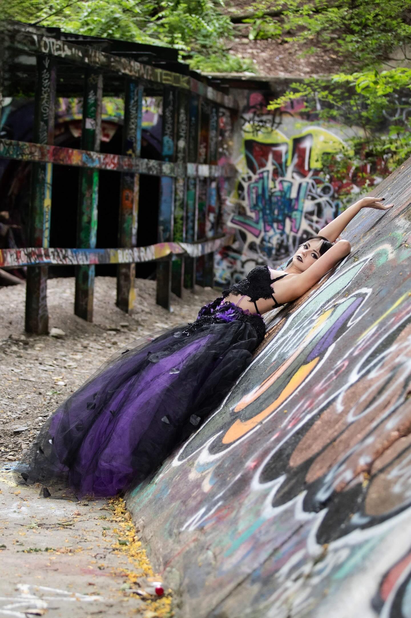 "LADY ANA" Custom Order Gothic Romance Black, Purple, Tulle Rose Petals Wedding Ballgown Set