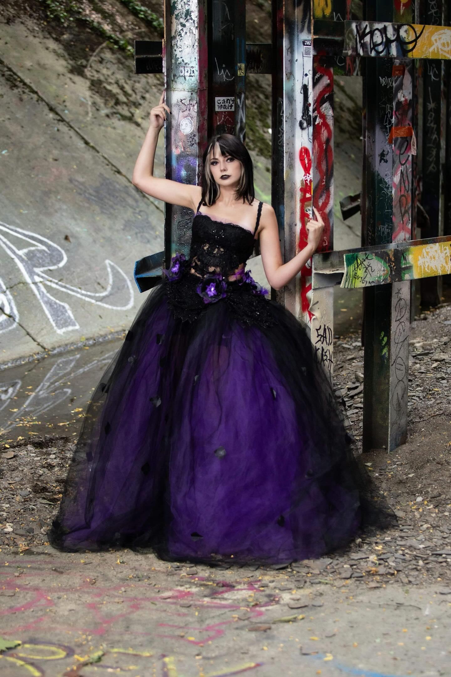 "LADY ANA" Custom Order Gothic Romance Black, Purple, Tulle Rose Petals Wedding Ballgown Set