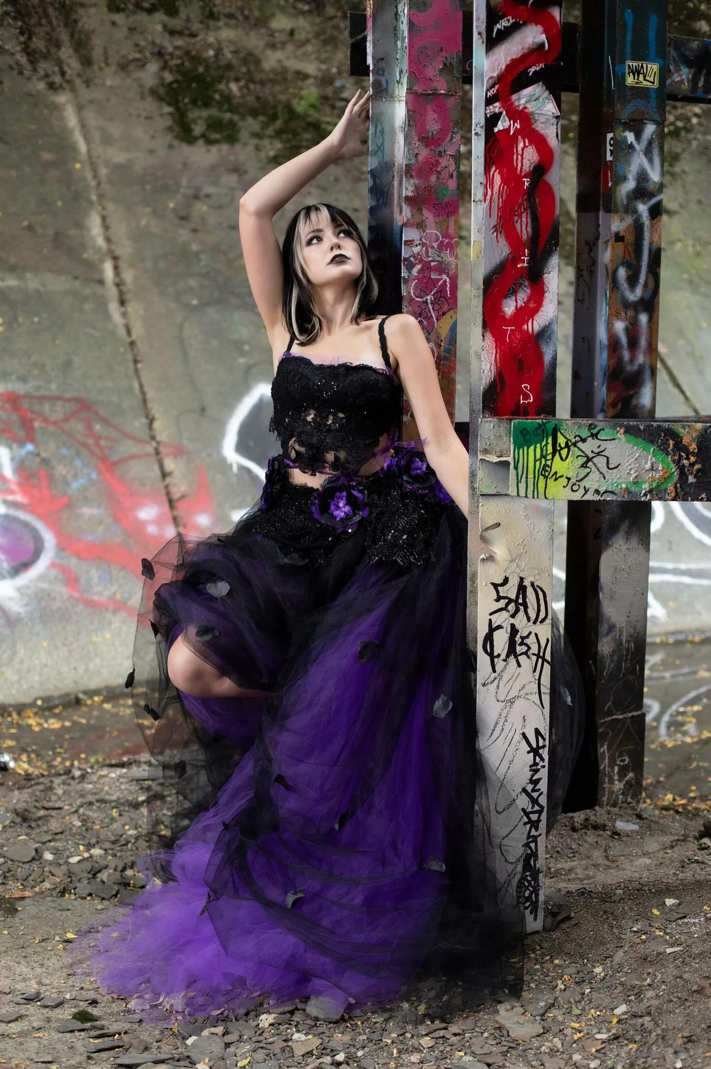"LADY ANA" Custom Order Gothic Romance Black, Purple, Tulle Rose Petals Wedding Ballgown Set