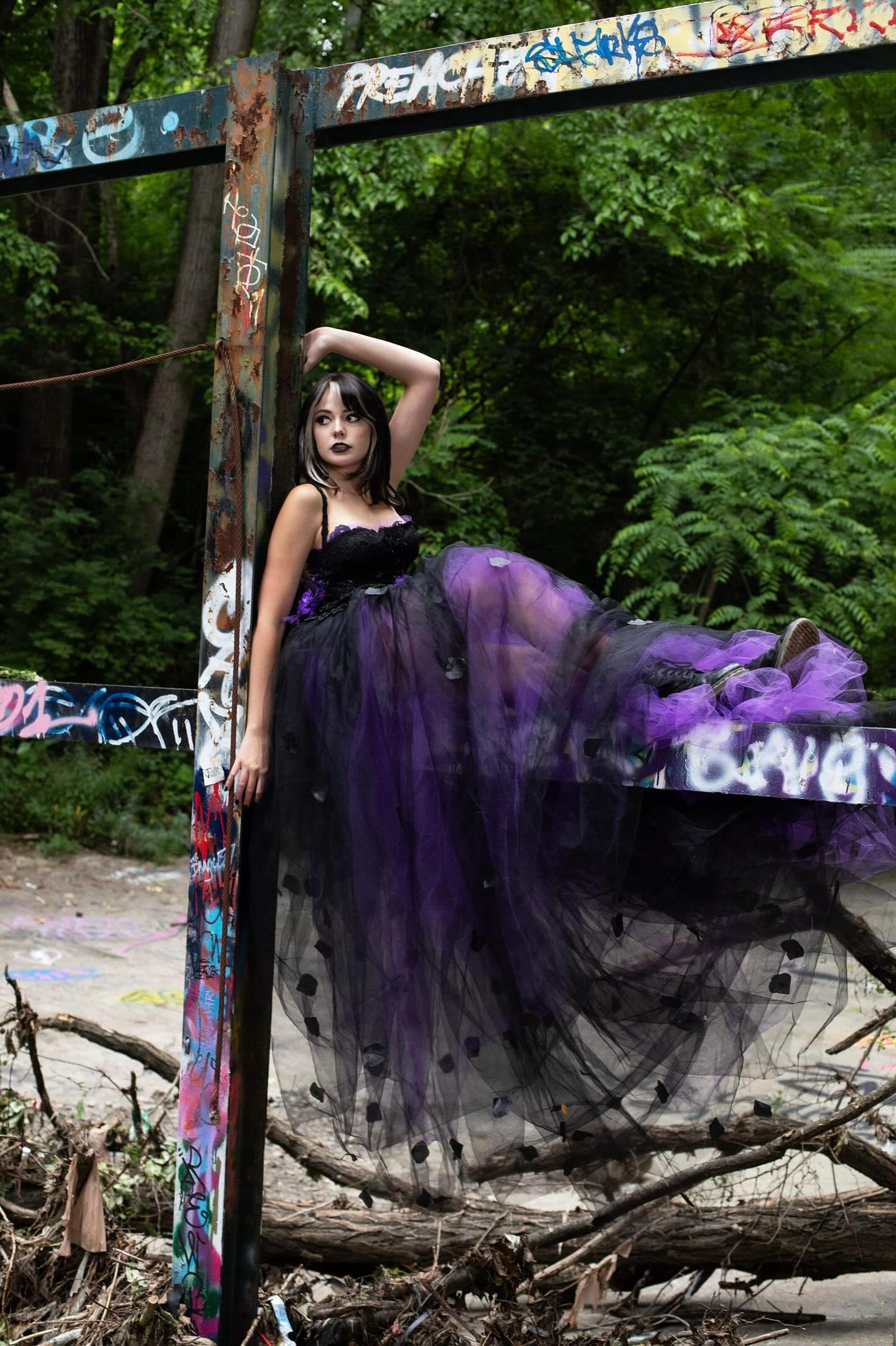"LADY ANA" Custom Order Gothic Romance Black, Purple, Tulle Rose Petals Wedding Ballgown Set