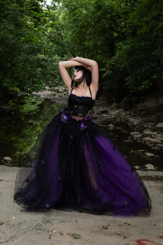 "LADY ANA" Custom Order Gothic Romance Black, Purple, Tulle Rose Petals Wedding Ballgown Set