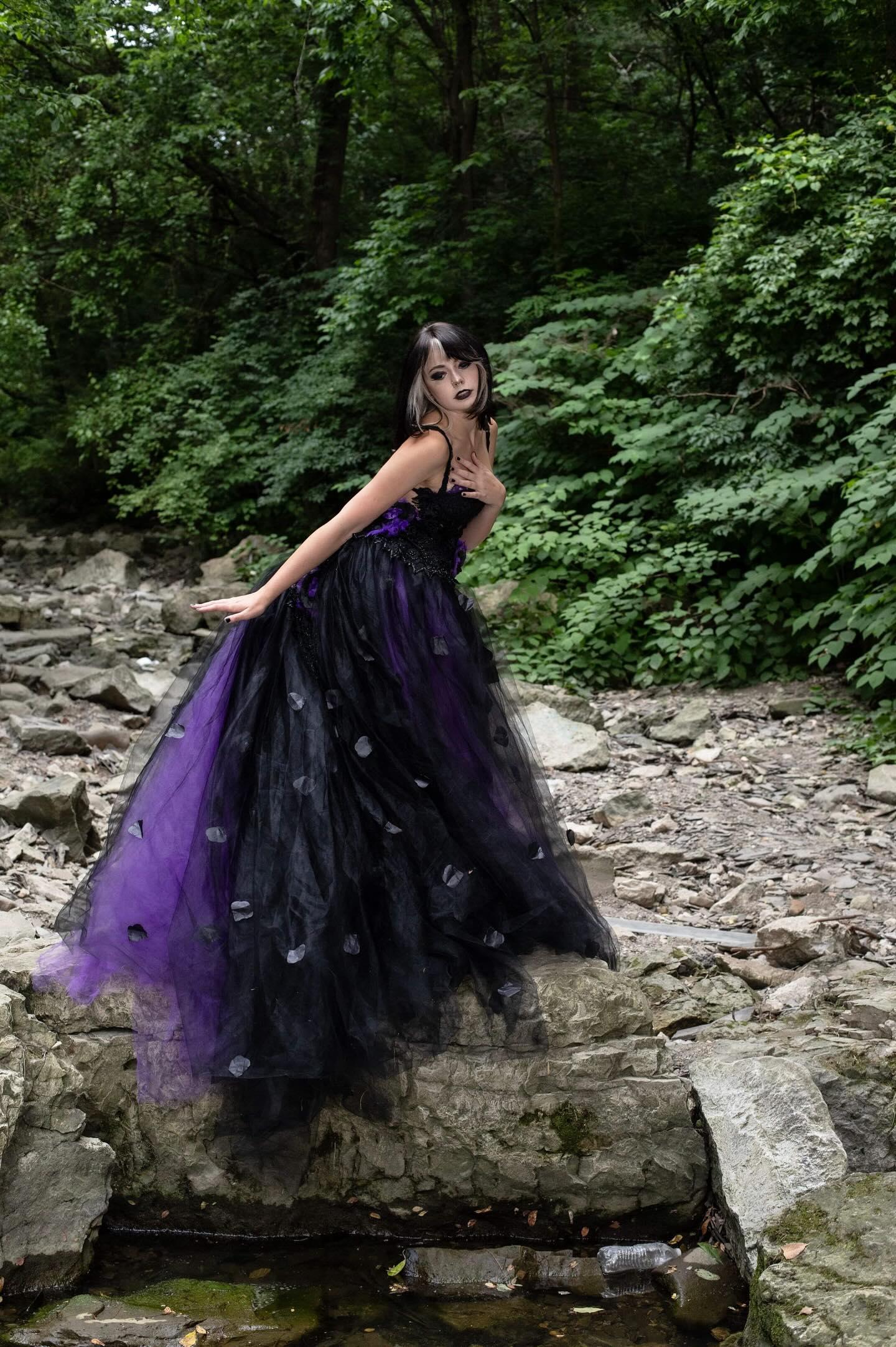 "LADY ANA" Custom Order Gothic Romance Black, Purple, Tulle Rose Petals Wedding Ballgown Set