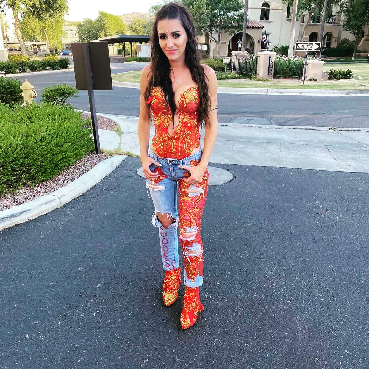 "CHARLOTTE" Custom Order Red Sequin Embroidered Lace & Crystal Denim Jeans