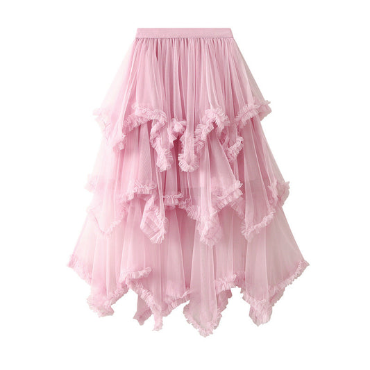 Baby Pink Aysmmetrical Hem Tulle Skirt