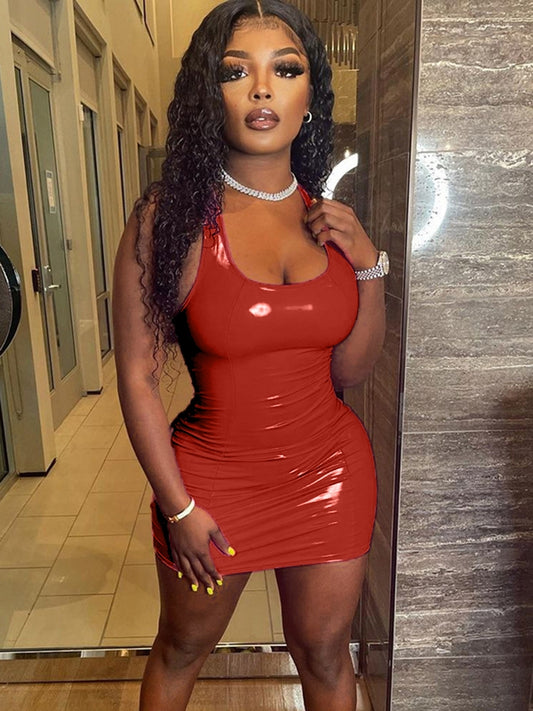 Sexy Red Faux Patent Leather Bodycon Mini Dress