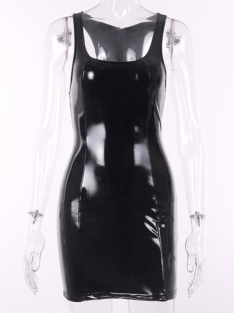 Sexy Black Faux Patent Leather Bodycon Mini Dress