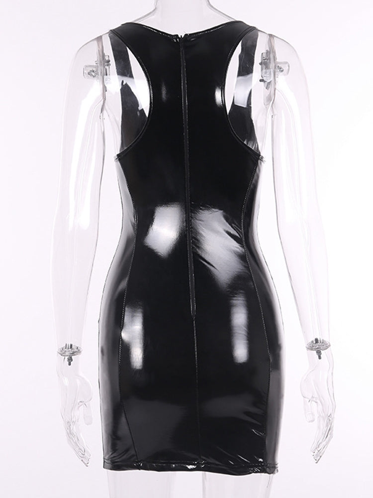 Sexy Black Faux Patent Leather Bodycon Mini Dress