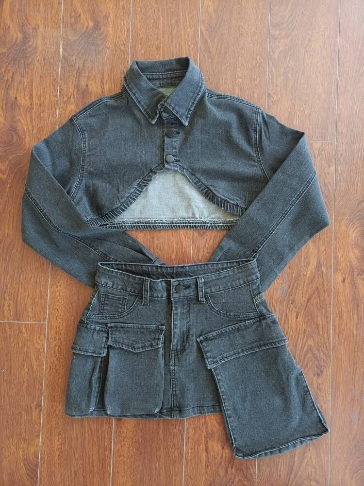 Sexy Black Denim 2pc Jacket & Mini Skirt Set