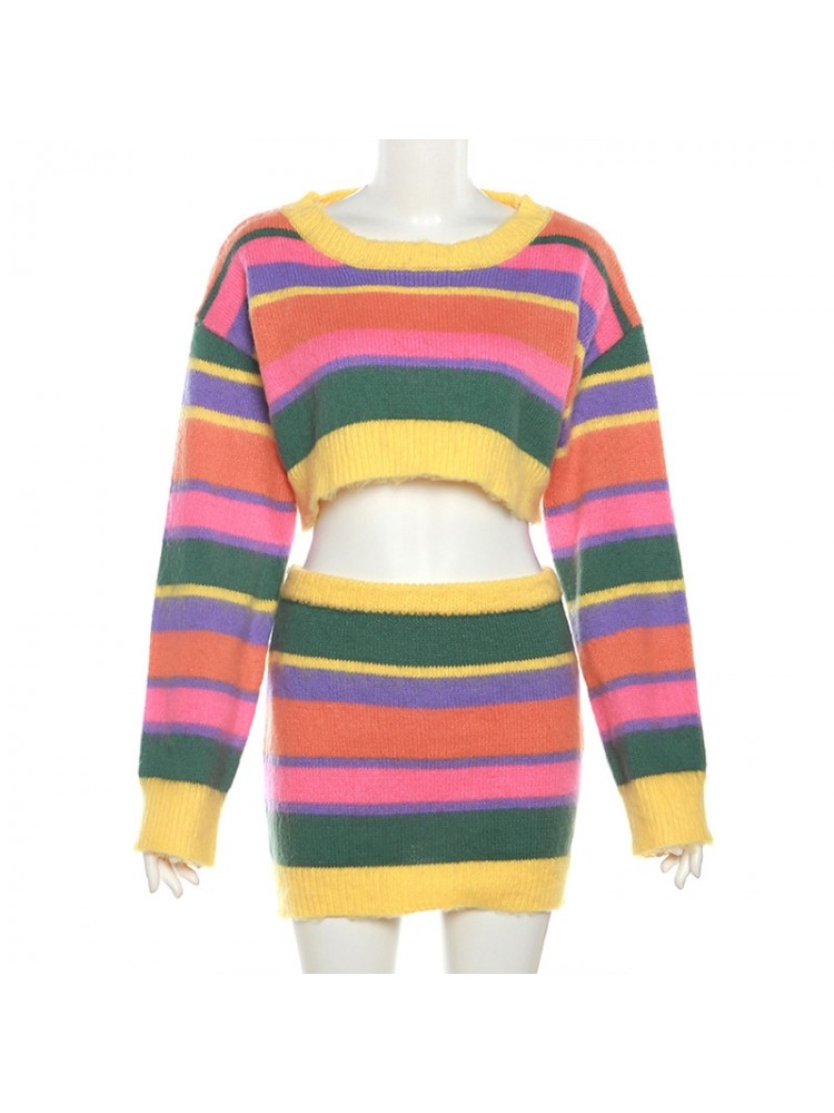 Sexy 2pc Rainbow Multicolor Sweater & Mini Skirt Set