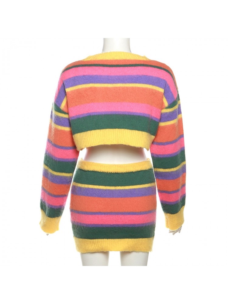 Sexy 2pc Rainbow Multicolor Sweater & Mini Skirt Set