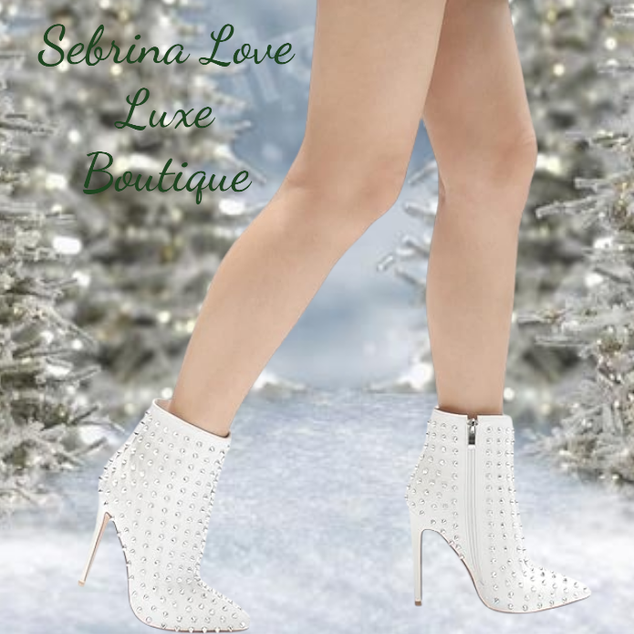 White Silver Spiked Faux Leather Ankle Boots