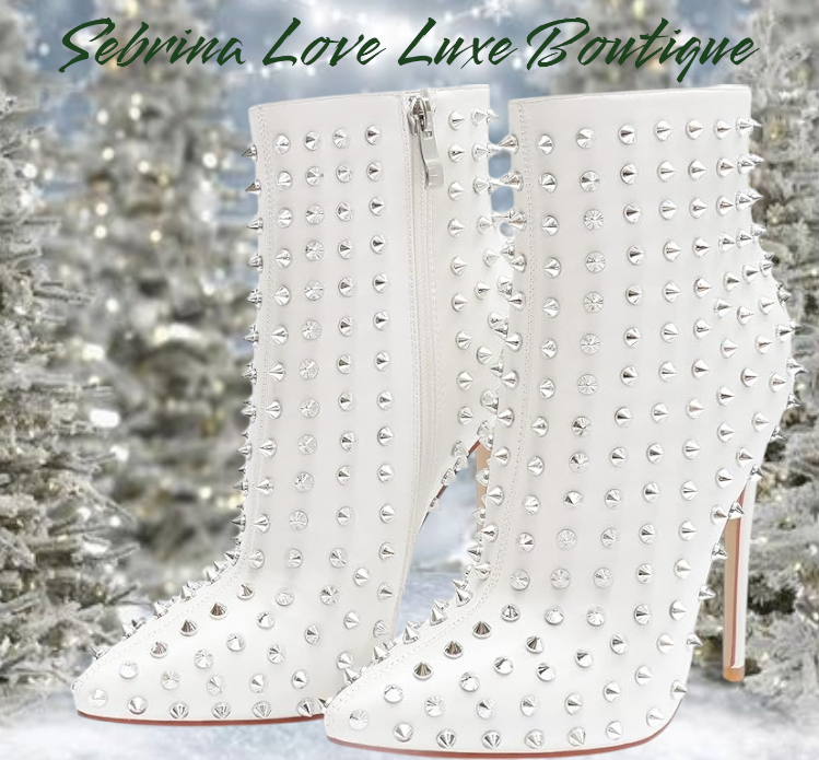 White Silver Spiked Faux Leather Ankle Boots